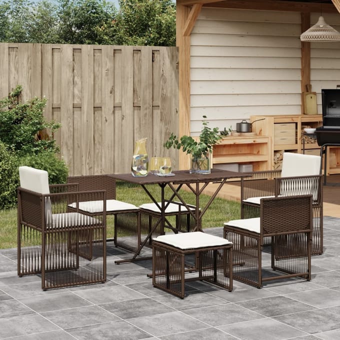 vidaXL - 7-delige - Tuinset - met - kussens - poly - rattan - bruin