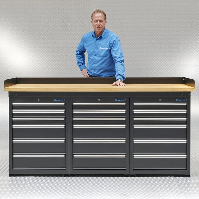 Datona® Werkbank PRO - bamboe werkblad - 18 lades - 200 cm - Zwart