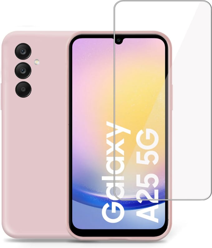 Hoesje + Screenprotector geschikt voor Samsung Galaxy A25 – Tempered Glass - Liquid Back Case Cover Rose