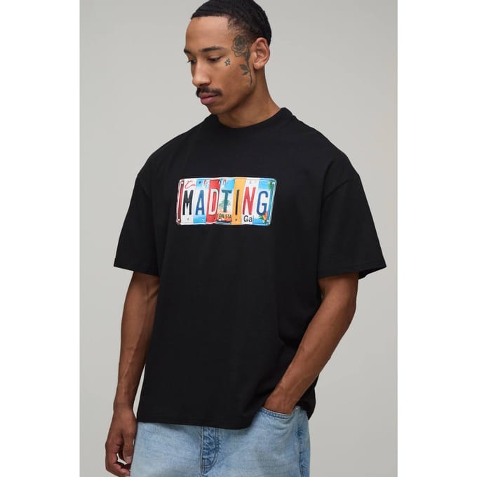 Zwart Oversized T-shirt Met Kentekenplaat Print | Black | Size Large