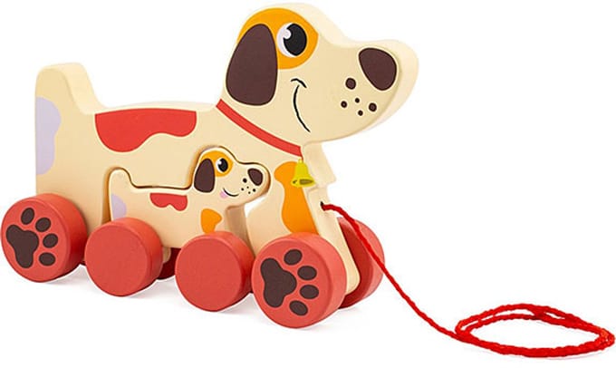 Trekdier Mama Hond & pup – Hout – Rood – 19 cm – Ulysse Couleurs d’Enfance