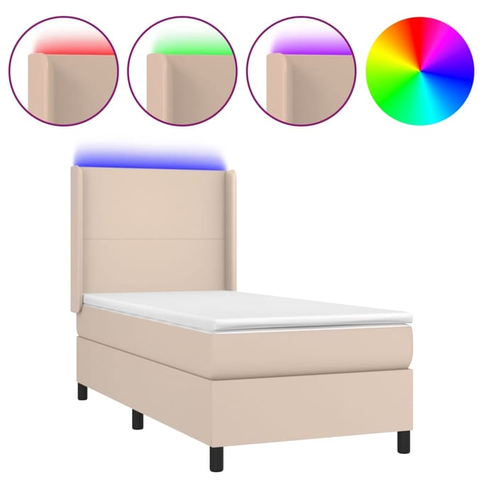 vidaXL - Boxspring - met - matras - en - LED - kunstleer - cappuccinokleur - 100x200cm