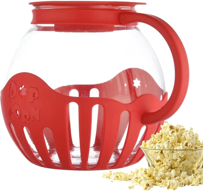 Popcornmaker Glas - Popcornschaal Deksel - Snacks Maken - Hete Lucht Methode - 213 Liter Inhoud - Rood
