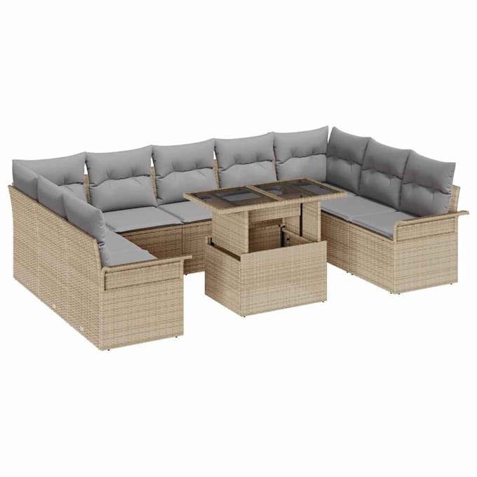 vidaXL Tuinbank Set met kussen met kussen 10 pcs Beige Poly Riet