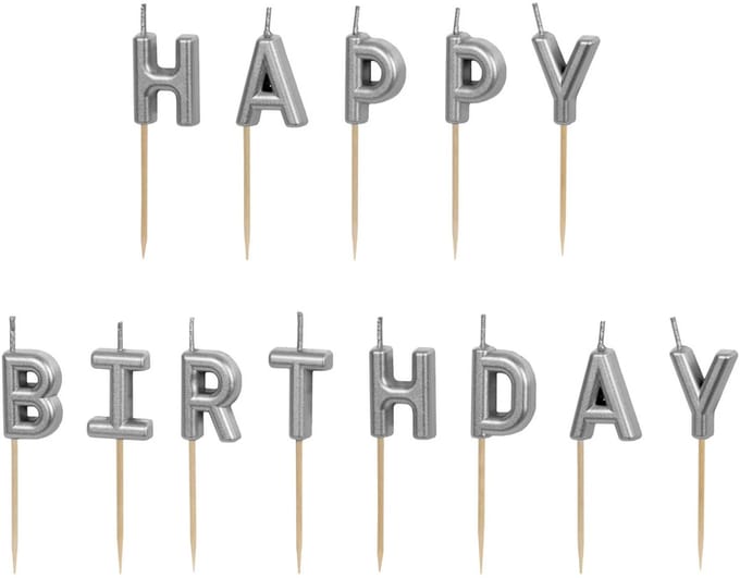 Happy Birthday taart kaarsjes zilver