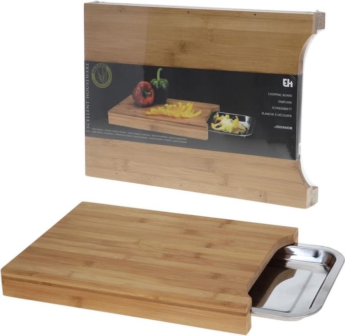 Excellent Houseware Bamboe Snijplank met RVS Verzameltray - 35 x 25 x 4 cm