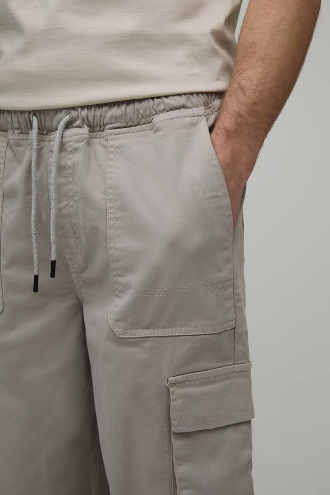 Elasticated Waist Relaxed Fit Cargo Trouser | Light Grey | Size Medium