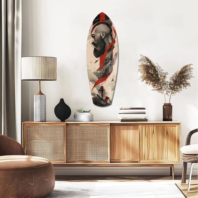 Glasschilderij in Surfplank Vorm – Kratos – 120x40 cm