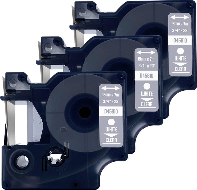 DULA Dymo D1 45810 - S0720900 - Compatible label tape - 3 lettertapes -Wit op transparant - 19mm x 7m