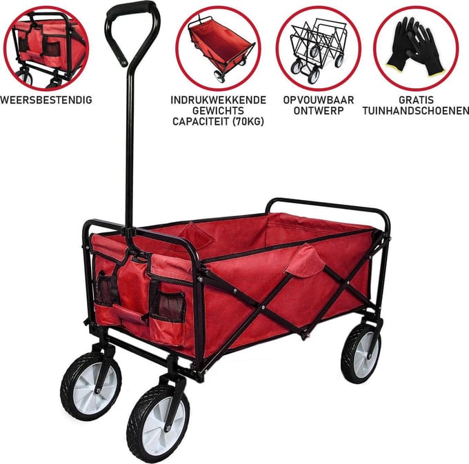 Bolderkar opvouwbaar - rood - 120kg - inclusief tuinhandschoenen