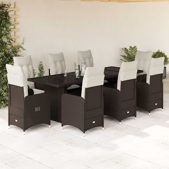 vidaXL - 9-delige - Bistroset - met - kussens - poly - rattan - bruin