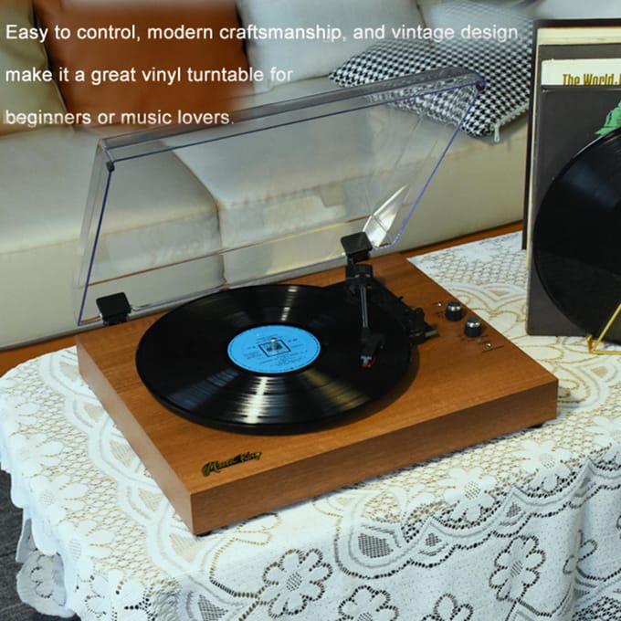 MzeliKing vinylplatenspeler draaitafel houten tafelblad vintage grammofoon compatibel met EU Plug koffie