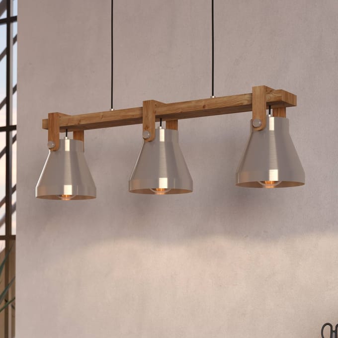 EGLO Cawton hanglamp, lengte 76 cm, staal/bruin, 3-lamps, staal