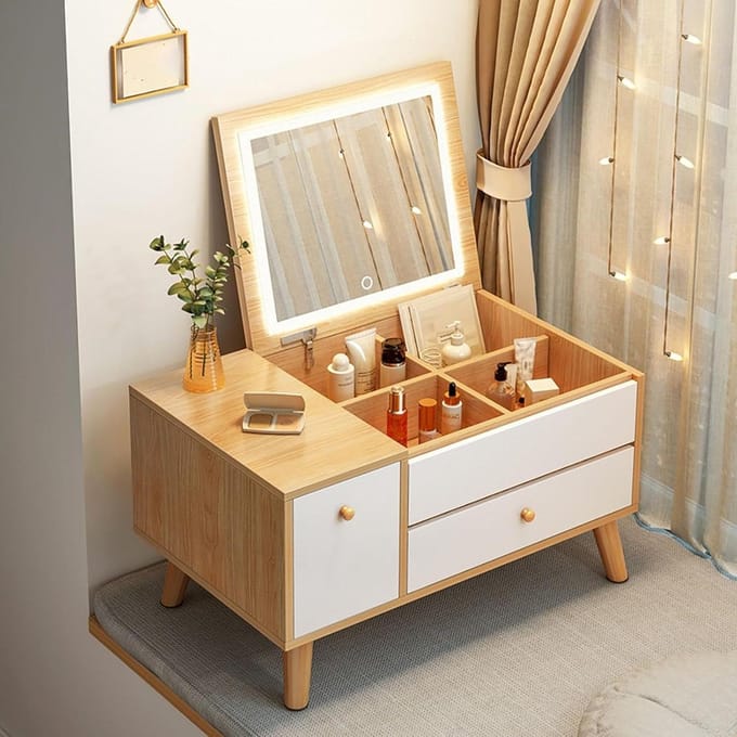 Kaptafel met Spiegel - Dressing Table Kapset - Make-up Aanbrengen - Verstelbare LED Verlichting - Niet gespecificeerd - Beige