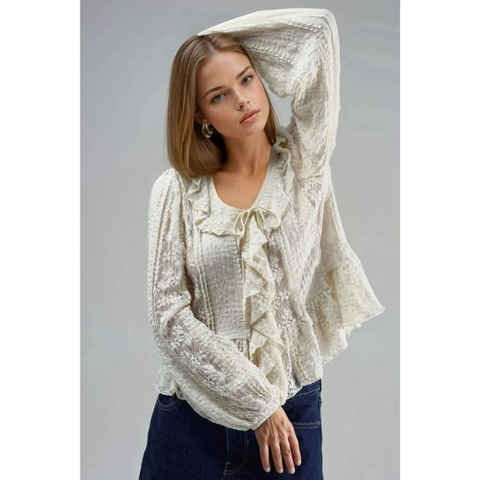 Laceshirt met V-hals en strik