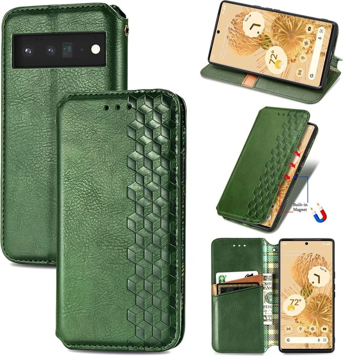 Luxe PU Lederen Ruitpatroon Wallet Case + Glas Screenprotector voor Pixel 6 _ Groen