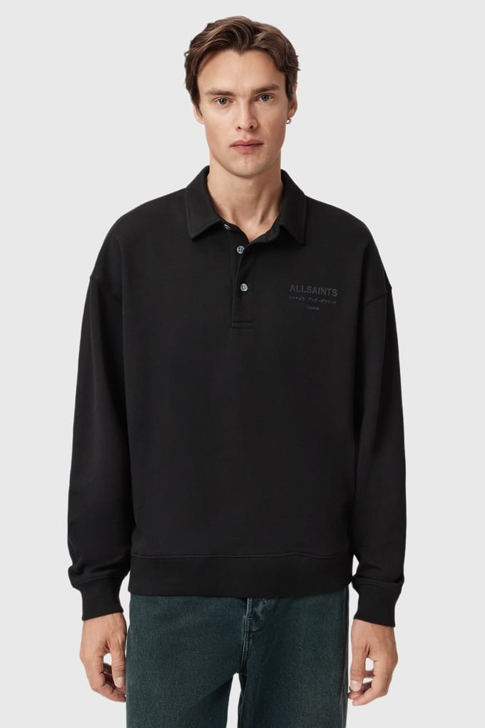 AllSaints Xander Sweat Polo Jet Black Größe: S | Longsleeves Outlet | Herren | Schwarz