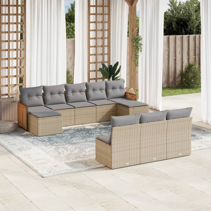 vidaXL - 10-delige - Loungeset - met - kussens - poly - rattan - beige