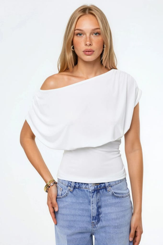 Asymmetrische Hals Korte Mouw Gebreide Blouse