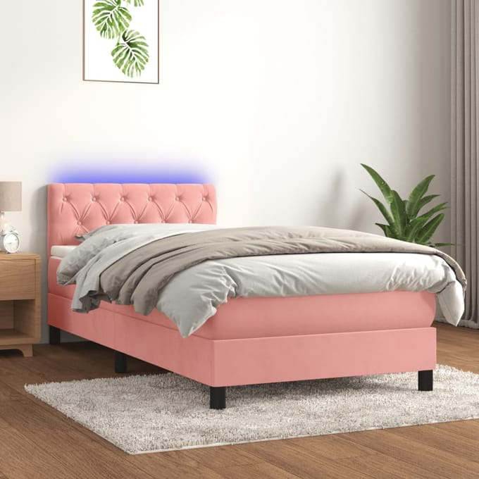 vidaXL - Boxspring - met - matras - en - LED - fluweel - roze - 80x200 - cm