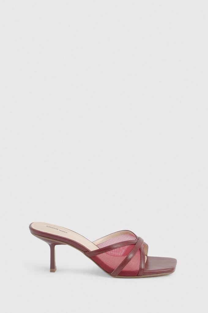 boohoo Dames Mesh Mid Stiletto Hak Mules | Bordeaux Rood | Maat: 36