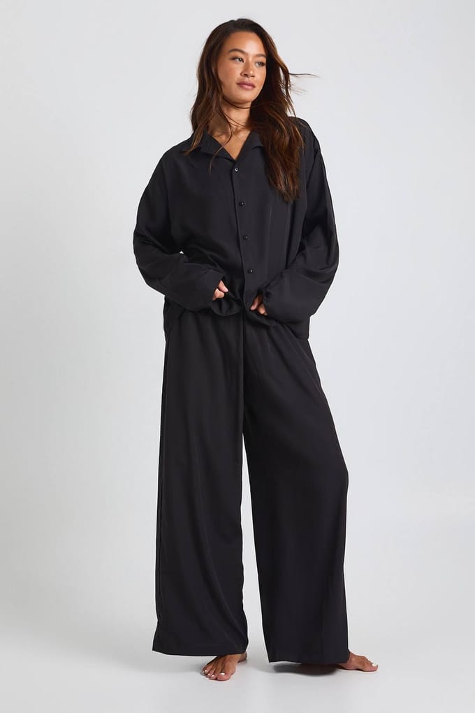 boohoo Dames Lange oversized blouse & wijde broek set | Black | Maat: 8
