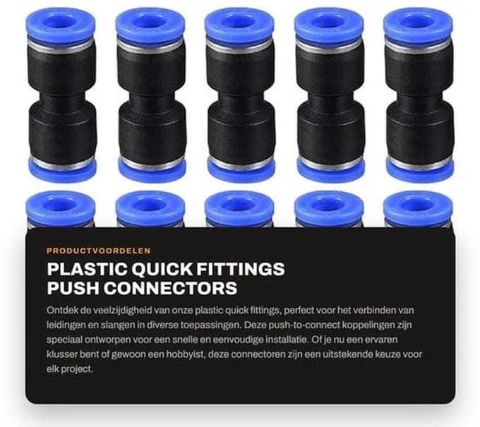 Push Connector Set van 10 Stuks - Plastic Koppeling - 8mm Buitendiameter - Drukbereik 0-0.9 MPa - Temperatuur 0-60°C - Blauw/Zwart - Buiskoppeling