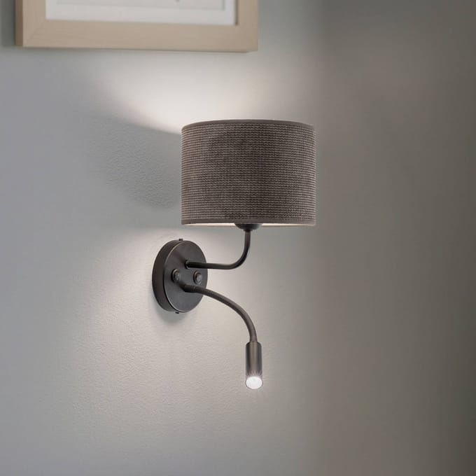Duolla Wandlamp Roller, snoer donkergrijs, zwart, met leeslampje