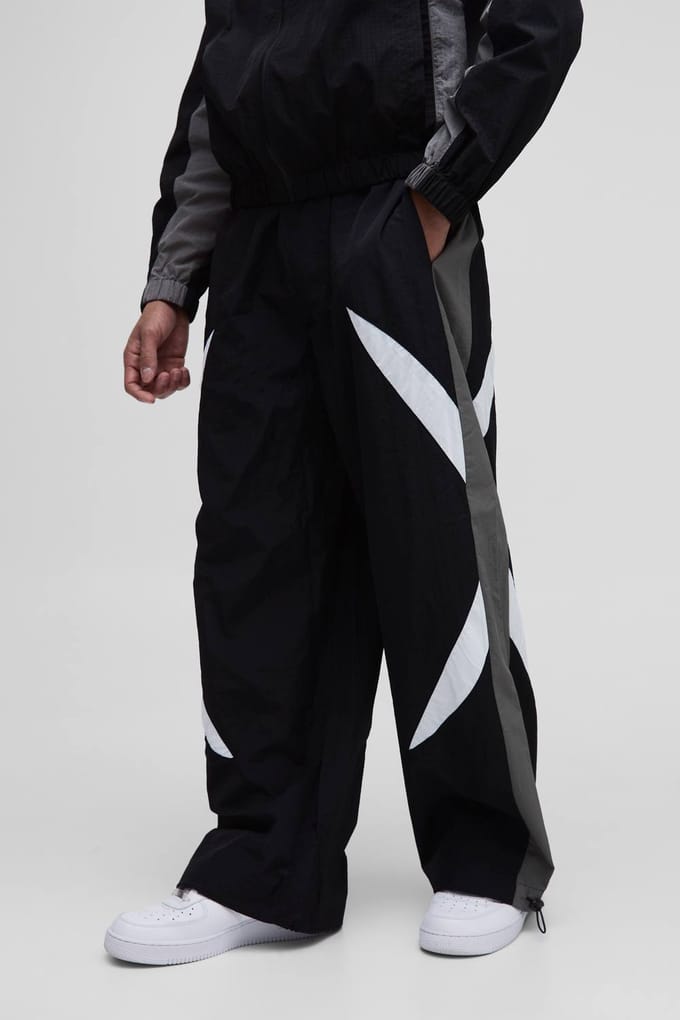 Elasticated Waist Parachute Side Stripe Track Pants | Black | Size Medium
