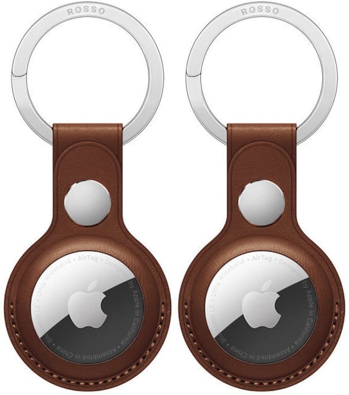2-Pack Rosso Deluxe Sleutelhanger Echt Leer Hoesje Geschikt voor Apple AirTag (1/2e gen) | Hanger | Case Bruin