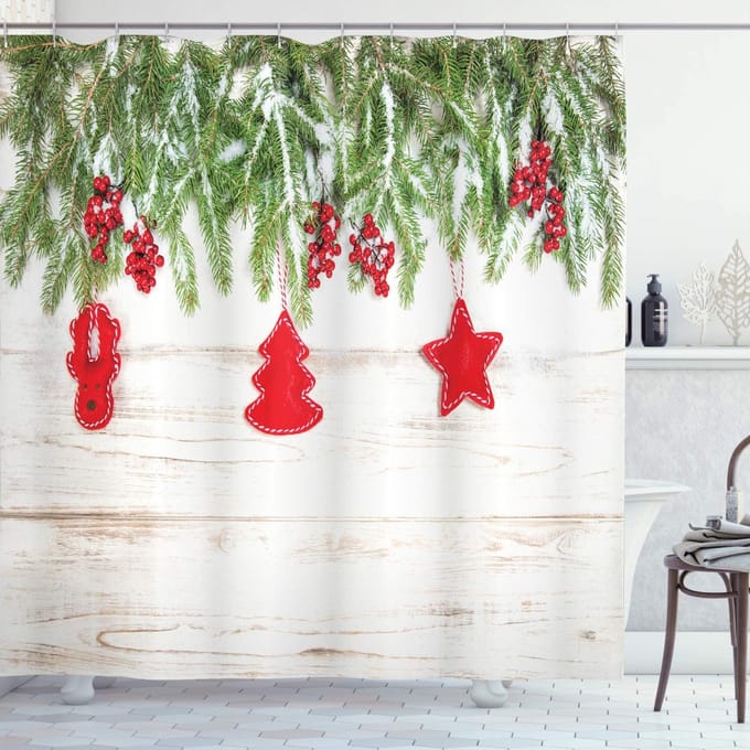 ABAKUHAUS Douchegordijn – 175x180 cm – beige/rood – waterafstotend