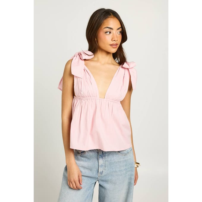 boohoo Dames Poplin Top Met Strikbandjes Op De Schouders | Roze | Maat: 38