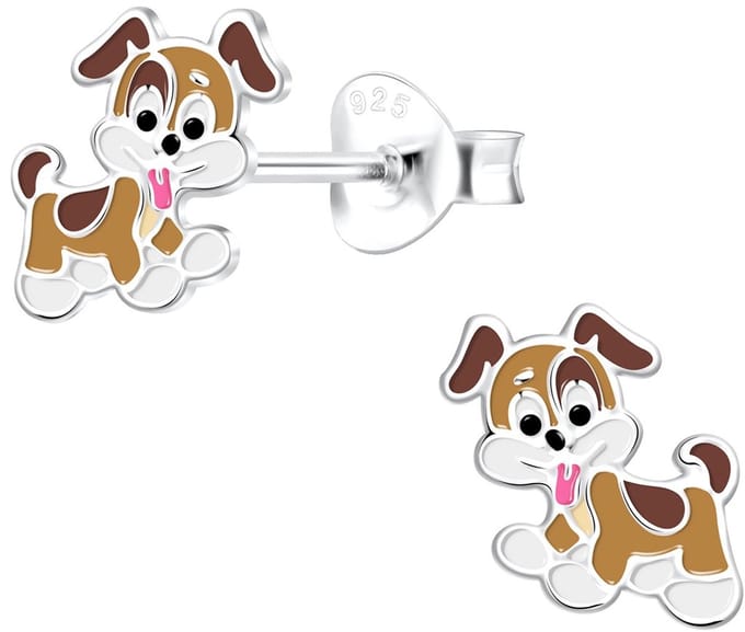 Joy|S - Zilveren hond oorbellen - 8 mm - bruin wit - kinderoorbellen - sterling zilver 925