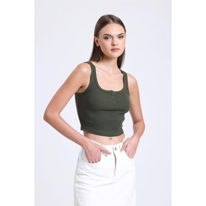 Kwarto hals Geribbelde Knop Tanktop