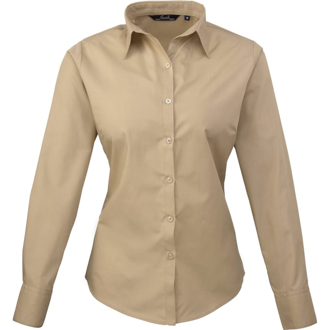 Premier Dames/dames Poplin Blouse met lange mouwen / Gewoon werk overhemd (Khaki)