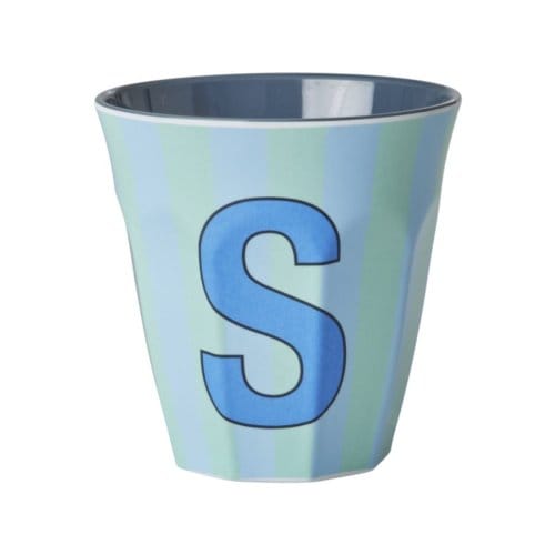 Rice melamine beker medium gestreept letter s, blauw