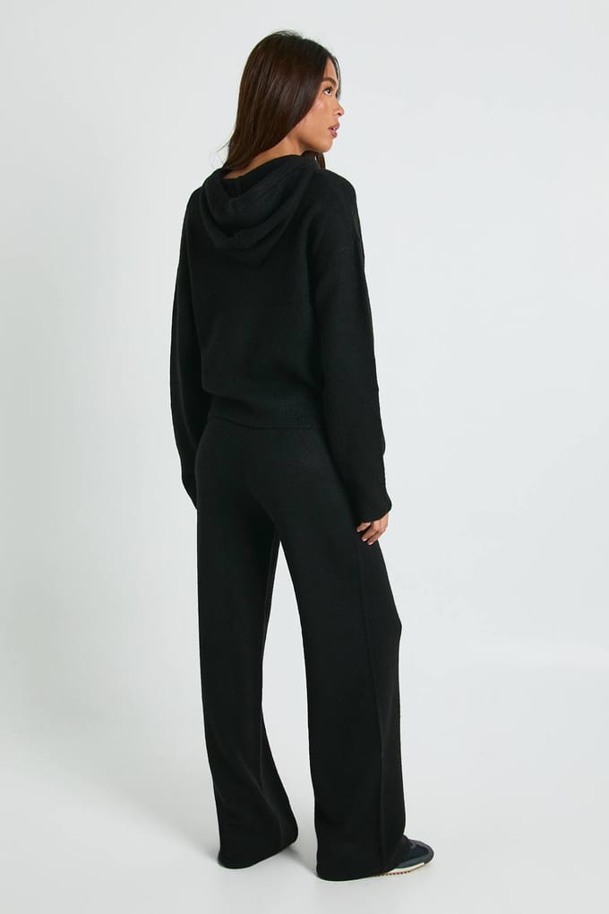 boohoo Dames Gebreide oversized button-through hoody en wijde pijp broek | Black | Maat: Large