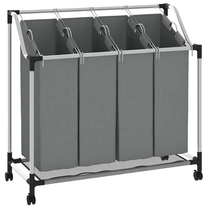 vidaXL - Wasmand - met - wielen - 4 - vakken - grijs