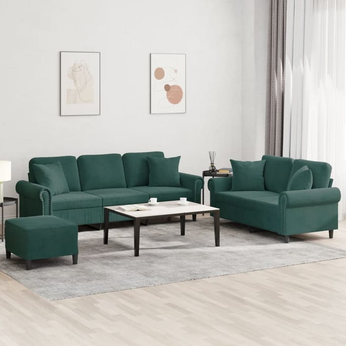 vidaXL - 3-delige - Loungeset - met - kussens - fluweel - donkergroen