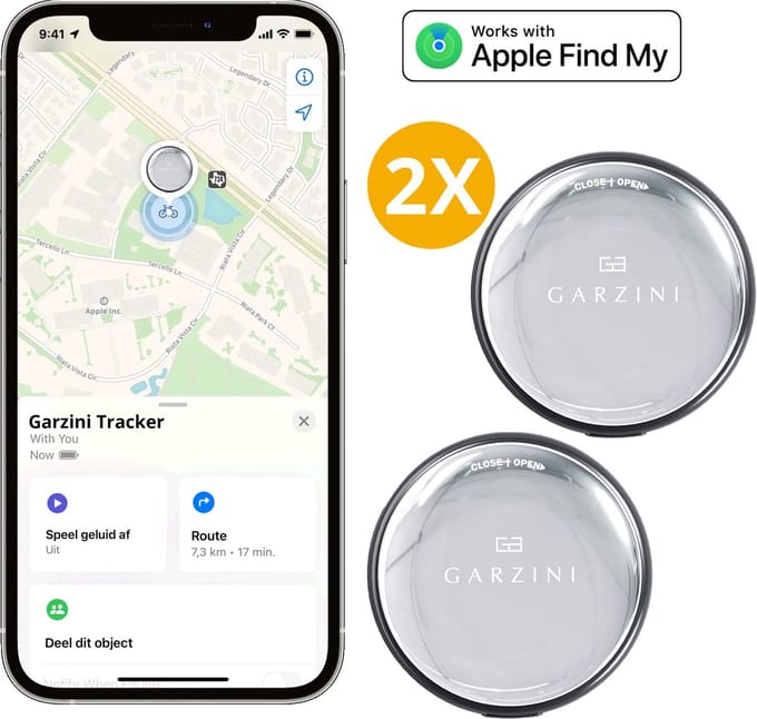 Garzini Bluetooth Tracker 2 Pack, Smart Tag, GPS Tracker, Keyfinder Geschikt Voor Apple, Koffer Tracker, Geen Abonnement, Batterij Vervangbaar, Zwart