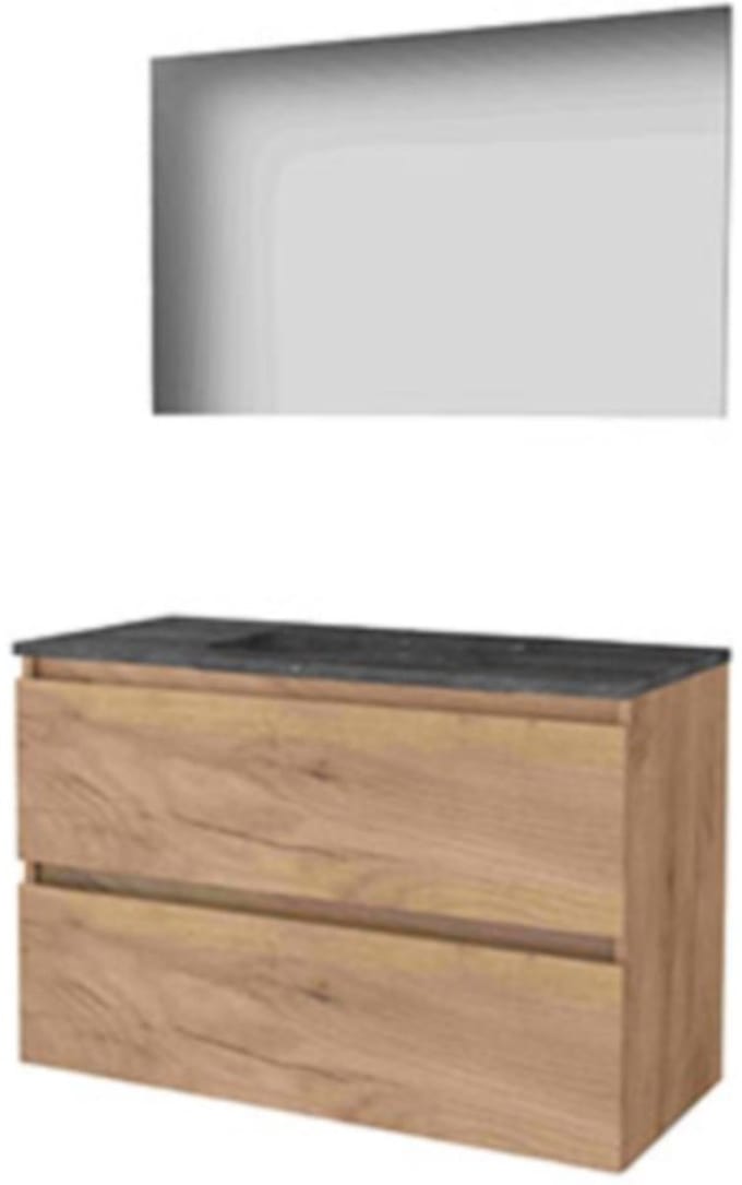Basic-Line Basic 46 Badkamermeubelset - 100 x 46 cm - Greeploos - 2 Lades - Hardstenen Wastafel - 1 Kraangat - Spiegel - Whisky Oak