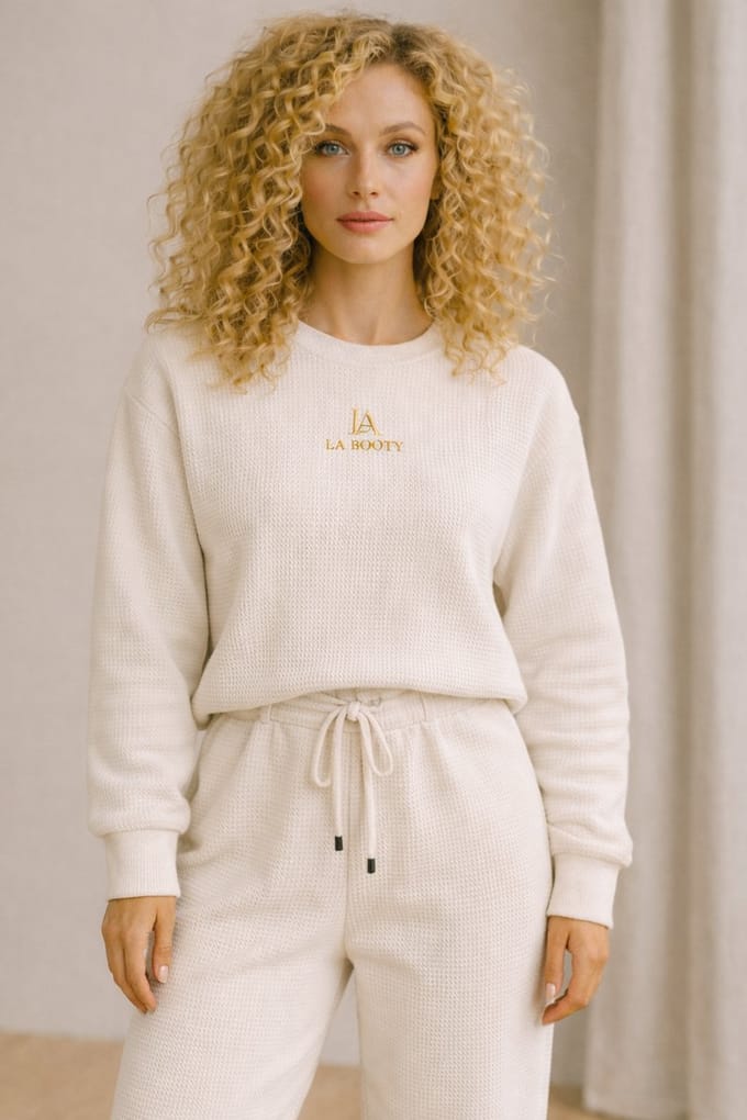 La Booty- Dames Luxe Ecru Huispak- Ondoorschijnend- Quilted- Jogging set- Trainingspak- Premium SoftTouch katoen- maat S
