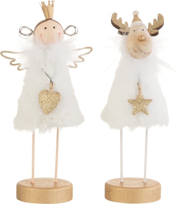 J-Line figuur Engel/Rendier Op Voet - vacht/hout - wit/goud - small - 2 st.