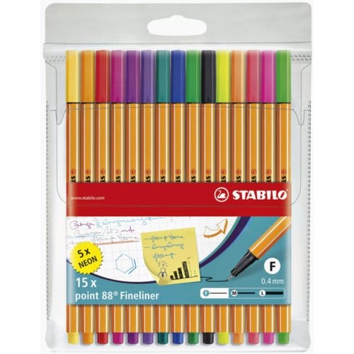 STABILO point 88 - Fineliner 0,4 mm - 15 Stuks Etui - 10 Standaard + 5 Neon Kleuren