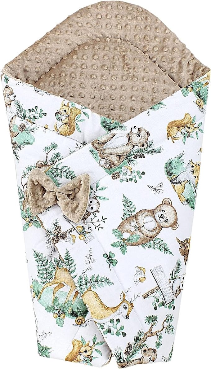 Baby Wikkeldeken Warm Gewatteerd Minky, Dieren met bladeren, 75 x 75 cm