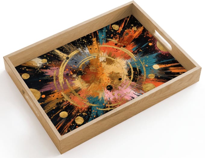 Dienblad hout 40x30 cm - Schootdienblad - Explosie - Verfstructuur - Goud - Abstract - Borrelplank rechthoek - Plateau dienbladen