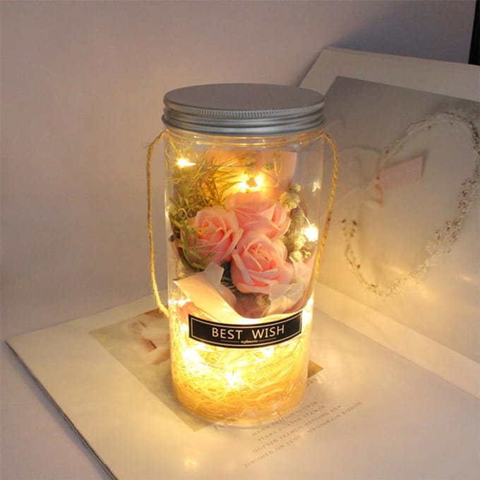 Rose éternelle romantique, rose jamais fanée, veilleuse, bouteille, fleurs préservées, savon rose rose