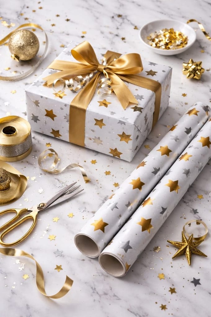 Cadeaupapier Set van 3 Rollen – Wit met Goud & Zilveren Sterren – 70 cm x 2 Meter – 70 grams – Luxe Foliedruk
