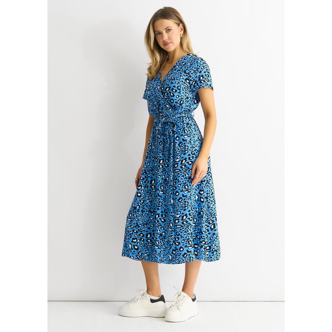 Midi-jurk met korte mouwen en dierenprint