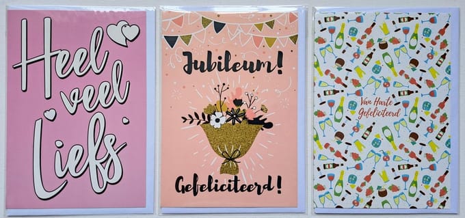 3 Wenskaarten – Jubileum! Gefeliciteerd + Gefeliciteerd + Heel veel Liefs – JUB-304
